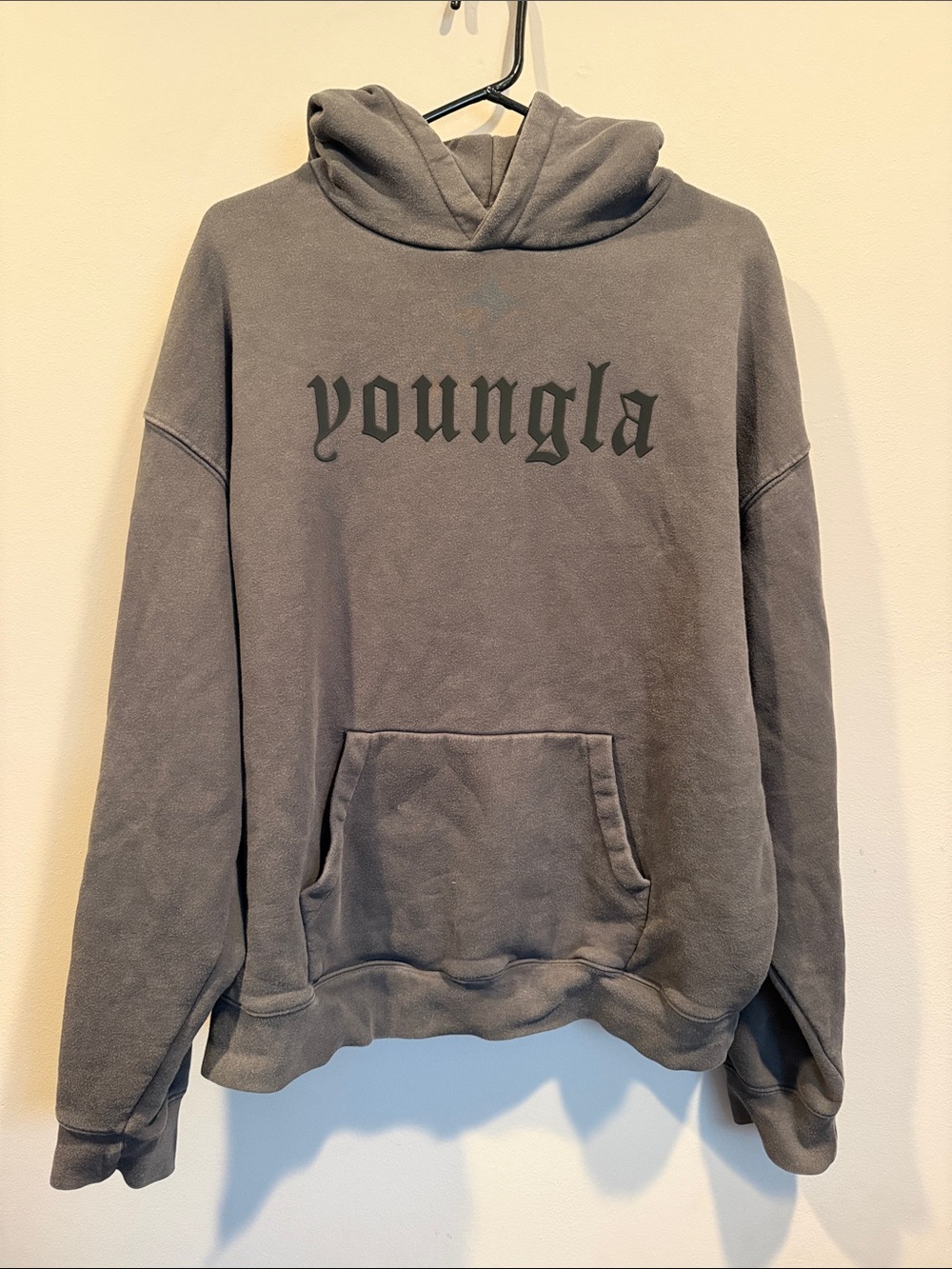YoungLA Gray Hoodie with Front Kangaroo Pocket. Size large